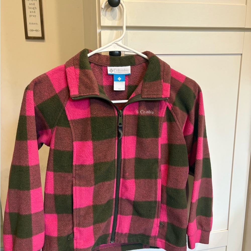 Columbia Vibrant Pink and Olive Checkered Fleece Jacket